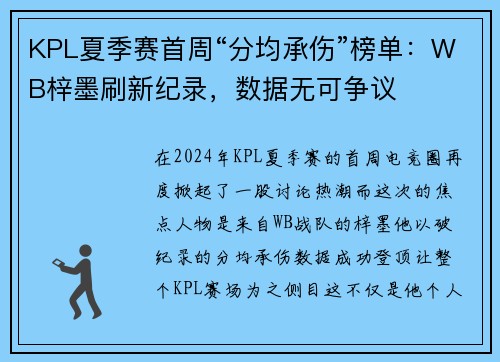 KPL夏季赛首周“分均承伤”榜单：WB梓墨刷新纪录，数据无可争议
