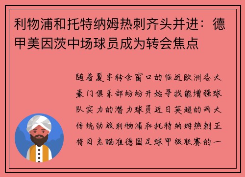 利物浦和托特纳姆热刺齐头并进：德甲美因茨中场球员成为转会焦点