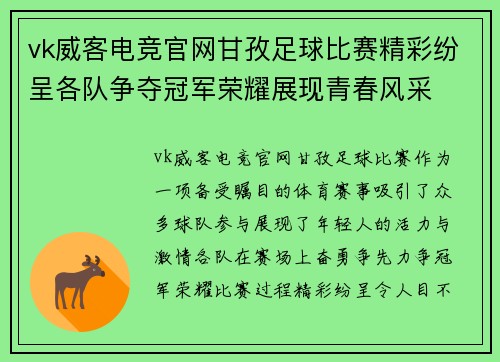 vk威客电竞官网甘孜足球比赛精彩纷呈各队争夺冠军荣耀展现青春风采
