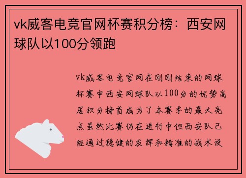 vk威客电竞官网杯赛积分榜：西安网球队以100分领跑