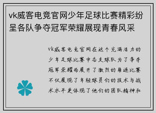 vk威客电竞官网少年足球比赛精彩纷呈各队争夺冠军荣耀展现青春风采